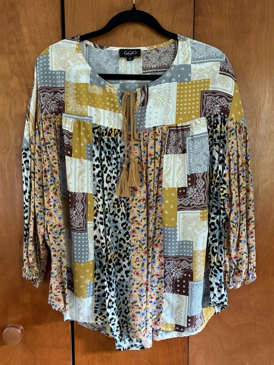 Gigio Tops - GiGiO Long Sleeve Colorblock Mixed Pattern Tassel Tie Blouse Size Large EUC